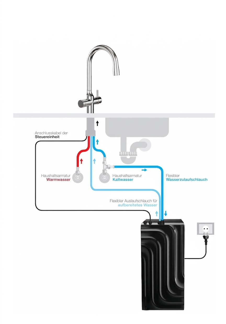 Filt-Wave — Anschlussschema Untereinheit und Wasserhahn